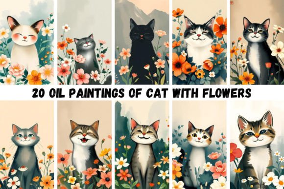 Download 20 Oil Paintings of Cats with Flowers - Flowers Collection