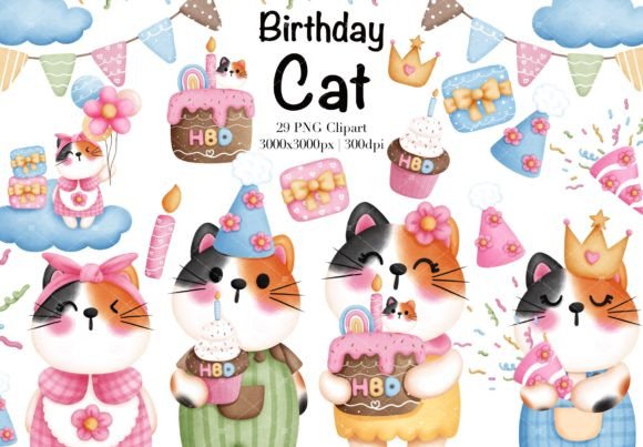 Download Watercolor Birthday Cat Clipart. - Birthday cat clipart Collection