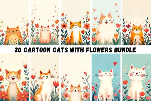 Download 20 Cartoon Cats with Flowers Bundle - Flowers Collection