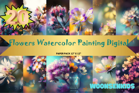 Download 20 Flowers Watercolor Painting Digital Png Kdp Digital Paper - Flowers Collection