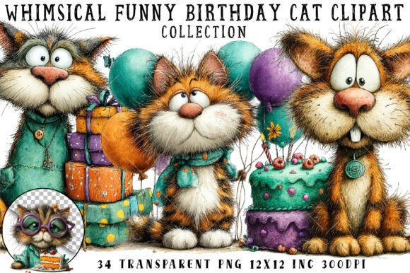 Download Whimsical Funny Birthday Cat Clipart - Birthday cat clipart Collection
