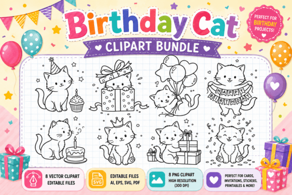 Download Birthday Cat Clipart Bundle - Birthday cat clipart Collection